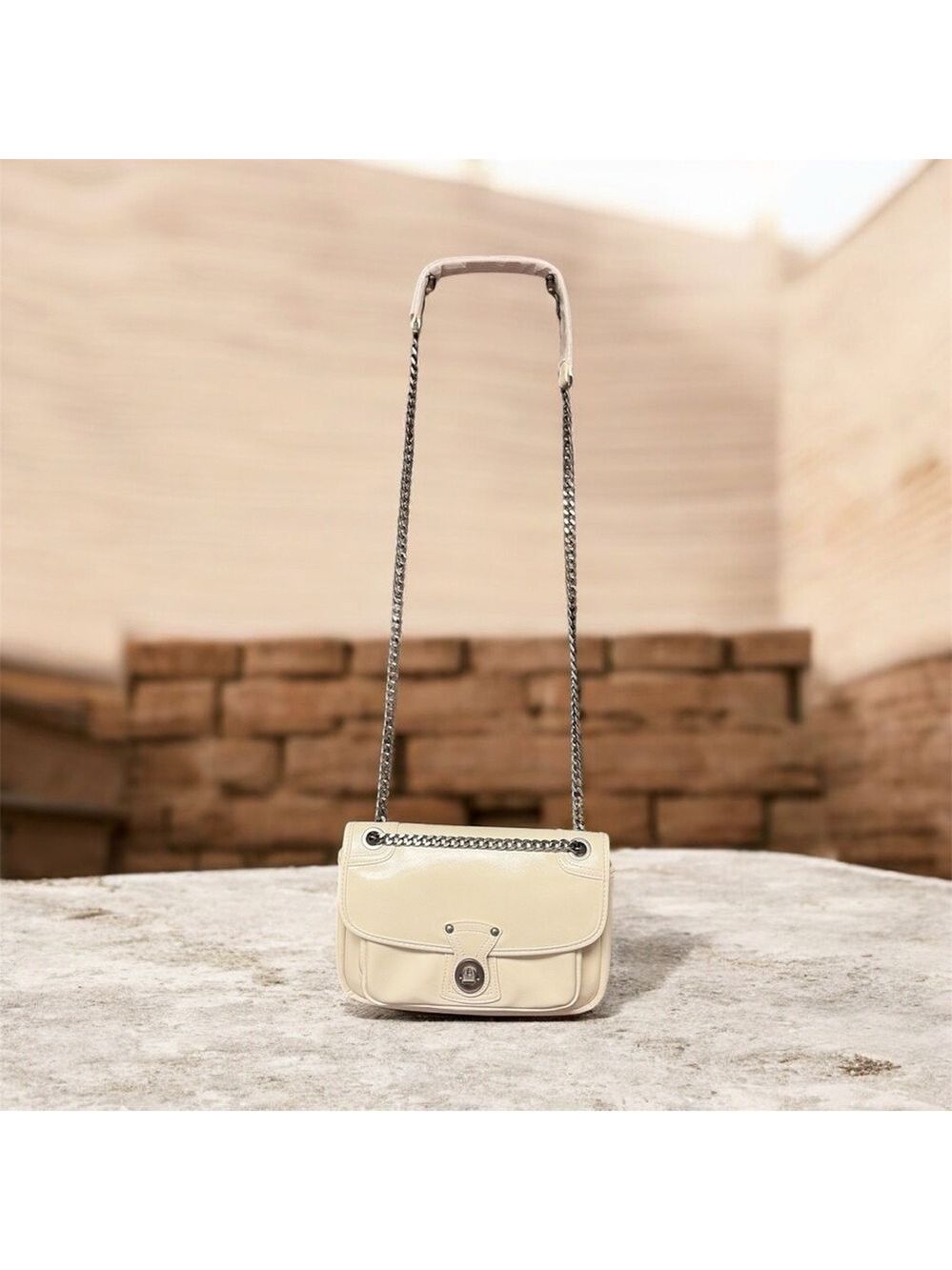 Billie Veromoa Elegant Off White Vegan Leather Satchel Bag with Silver Chain - Picture 2 of 8